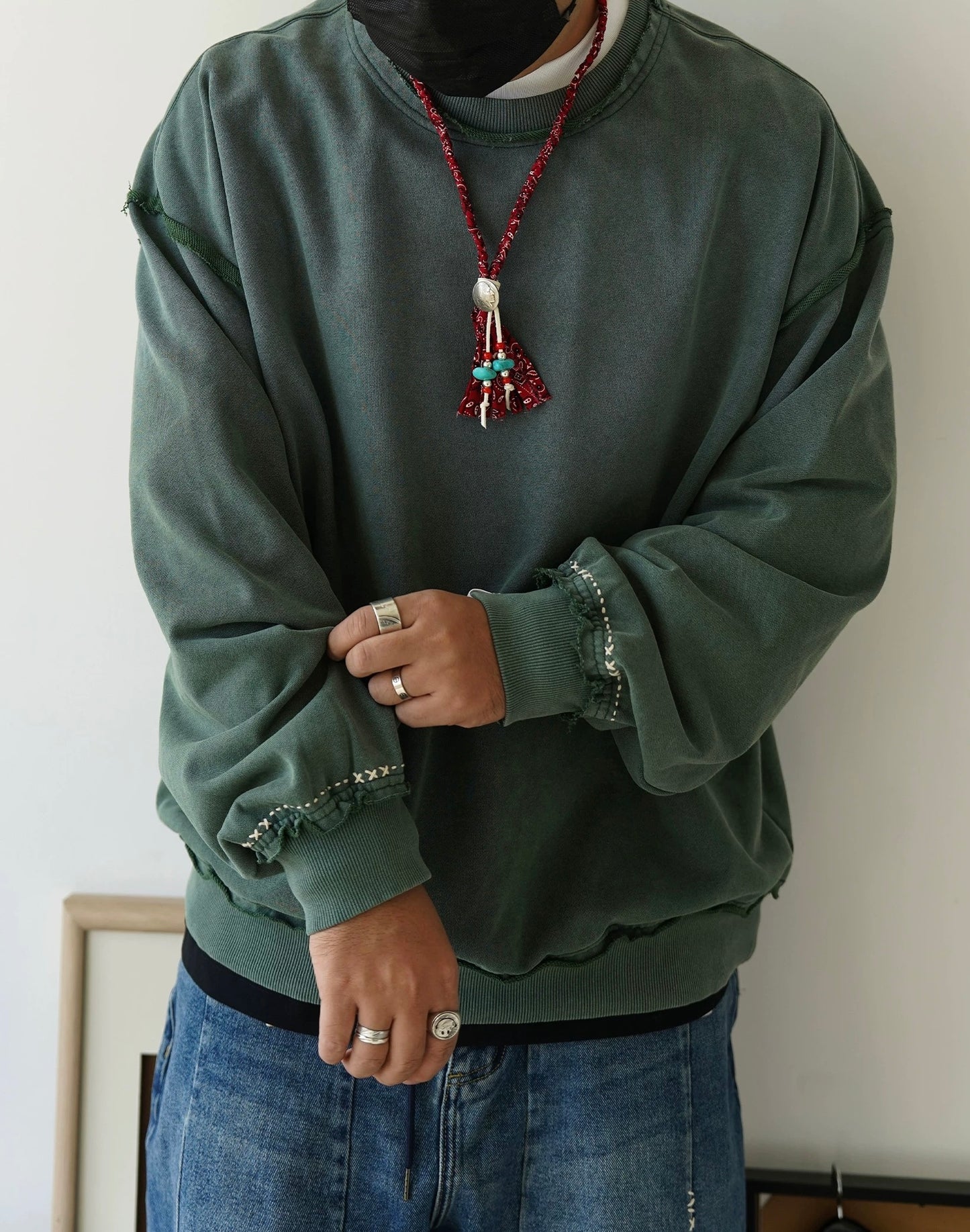 Washed Green Sashiko Distressed Sweatshirt