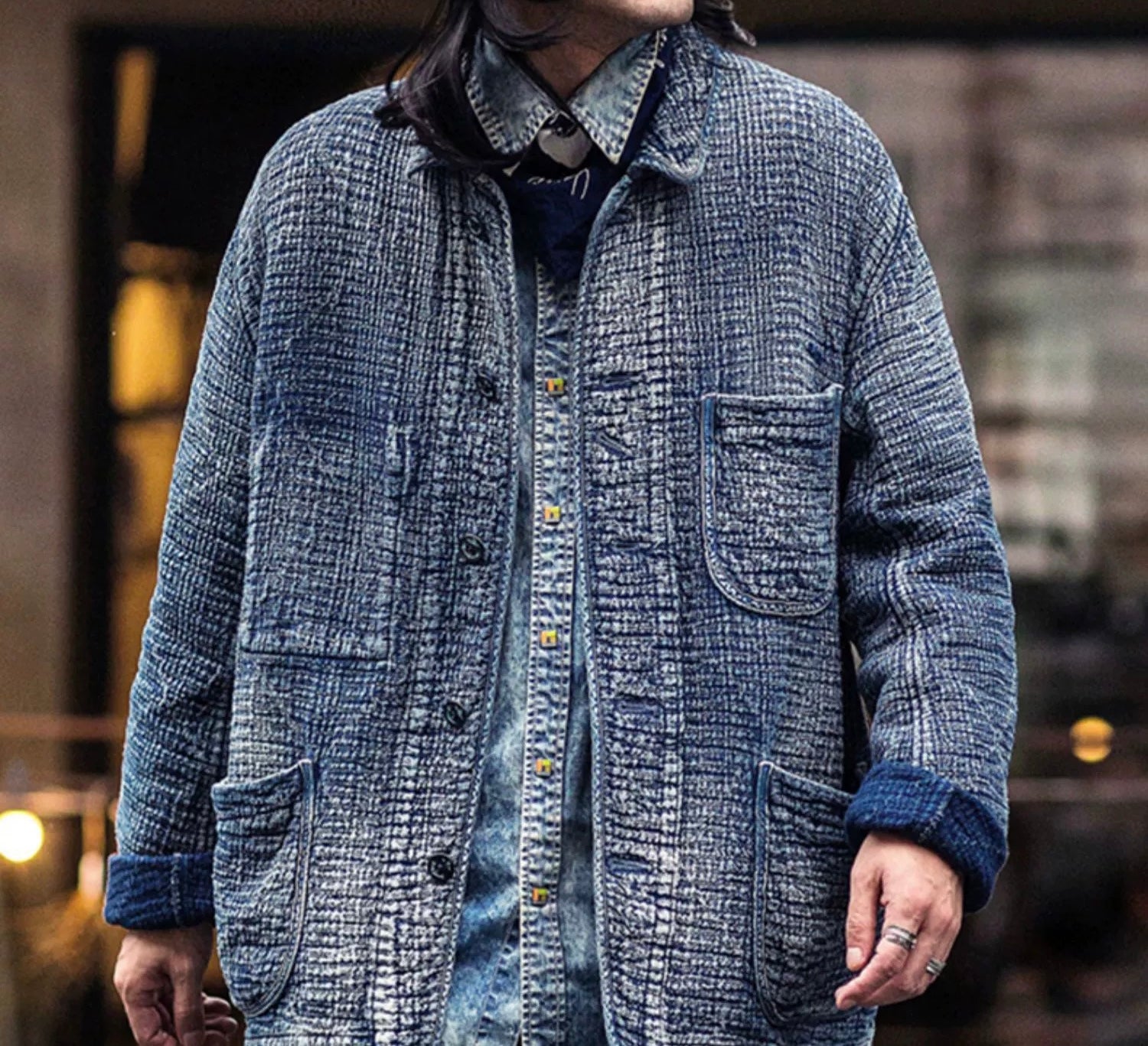 Indigo Dye Sashiko French Worker Jacket