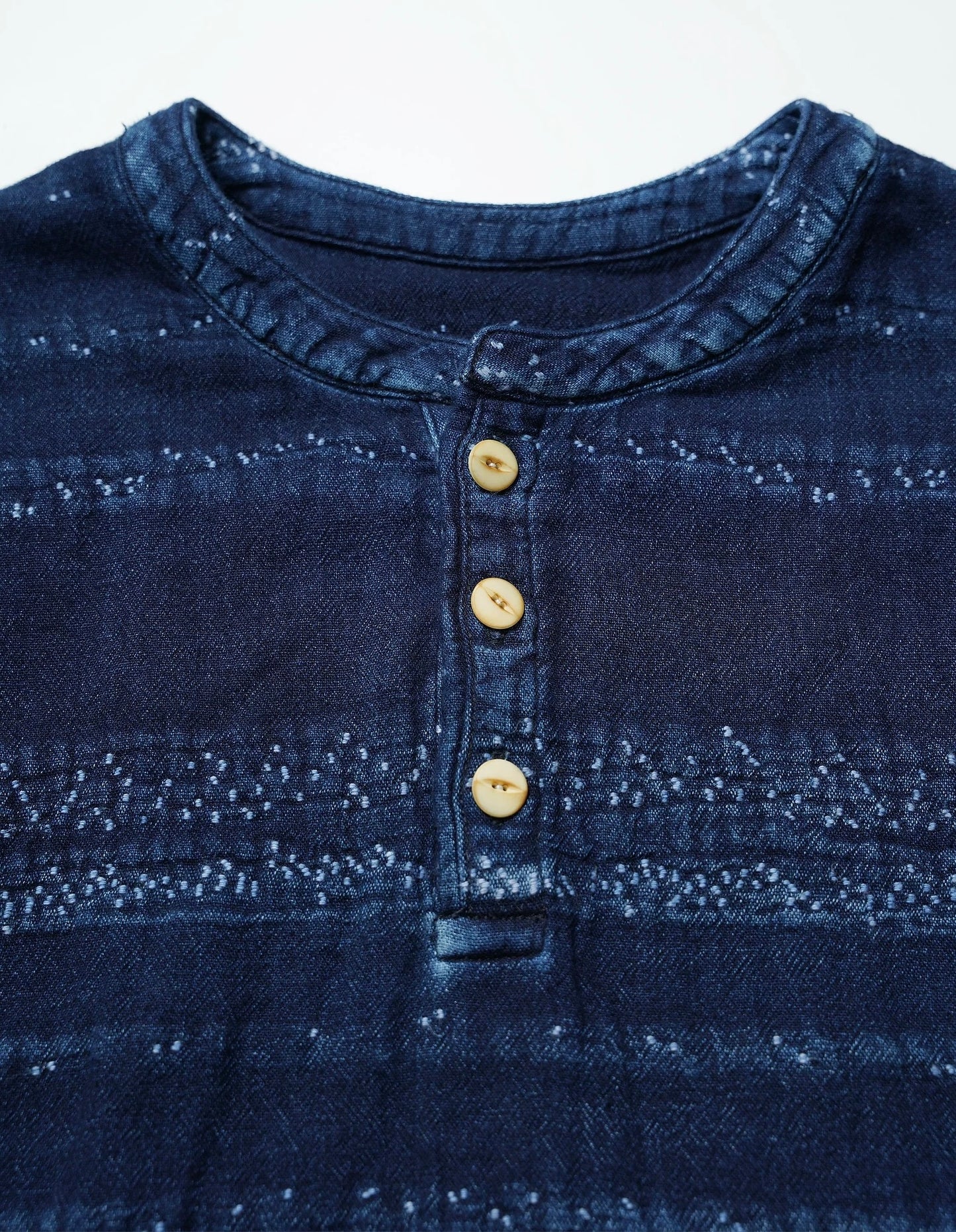Indigo Dye Sashiko Deep-Sea Henley Tee