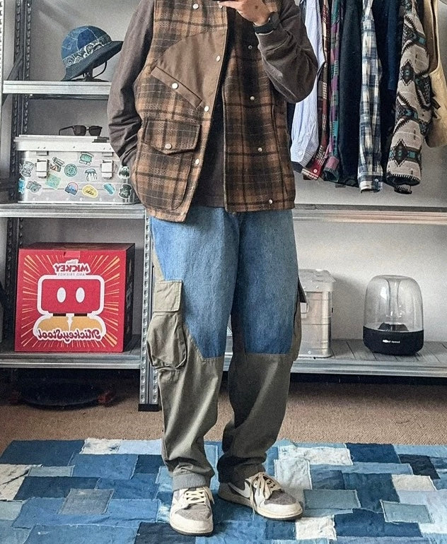 Military Green Patchwork Worker Pants