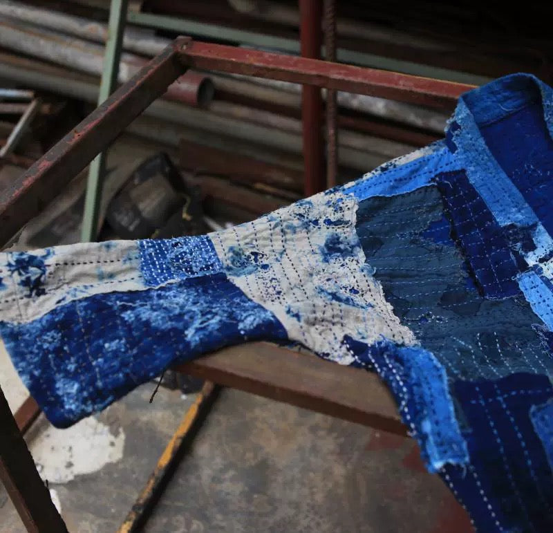 Handmade Indigo Dye Boro Sashiko Kimono Jacket