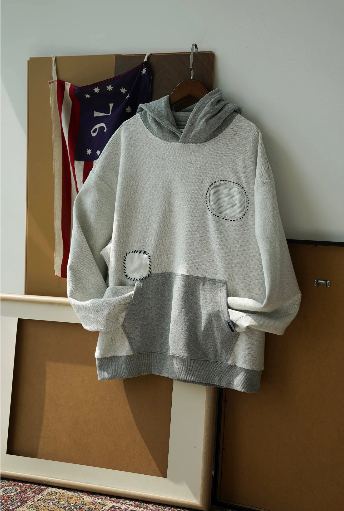 Grey Sashiko Patchwork Hoodie