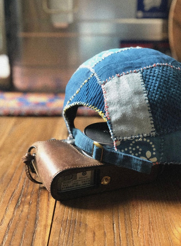 Indigo Dye Patchwork Short Brim Baseball Cap