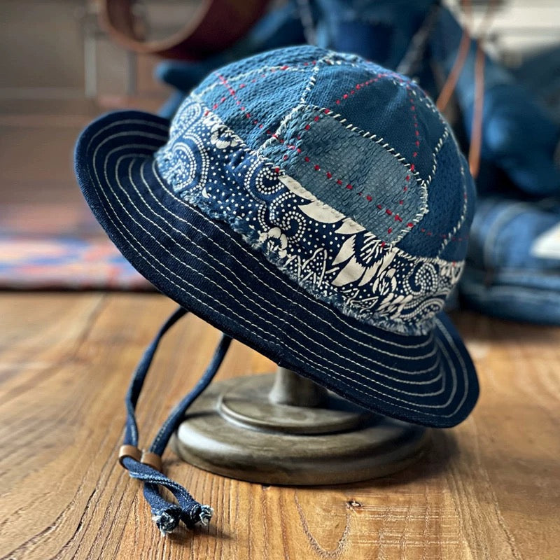 Indigo Dye Kofu Patchwork Bucket Hat