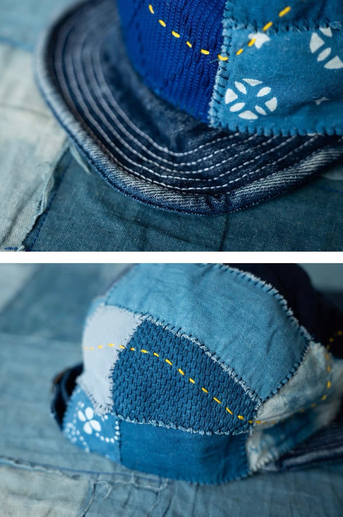 Indigo Dye Patchwork Short Brim Baseball Cap