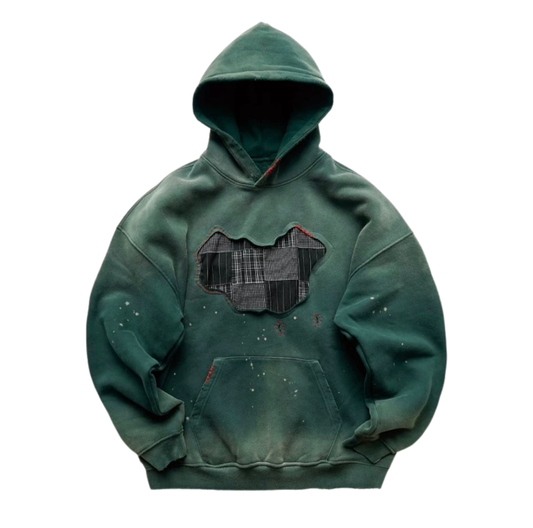 Green Sashiko Map Patchwork Hoodie
