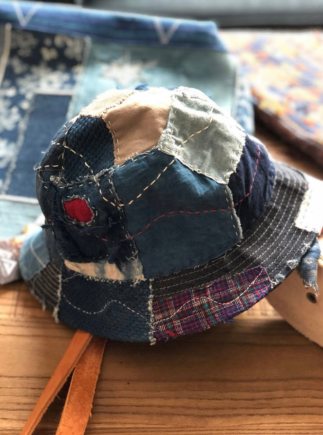 Indigo Dye Sashiko Patchwork Bucket Hat