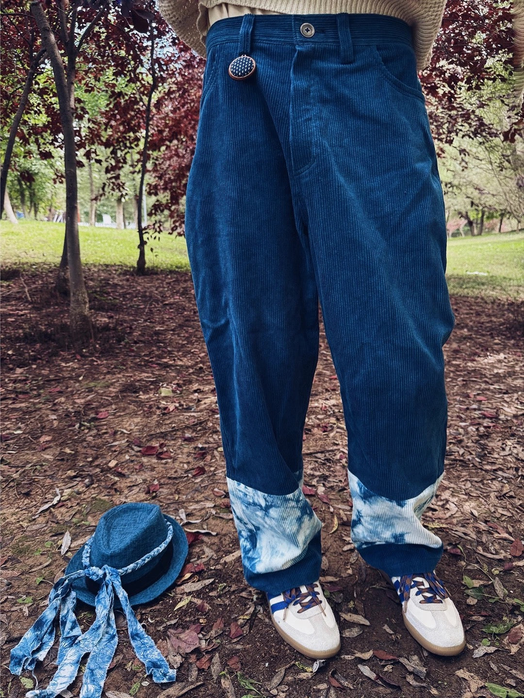 Indigo Dye Patchwork Corduroy Pants