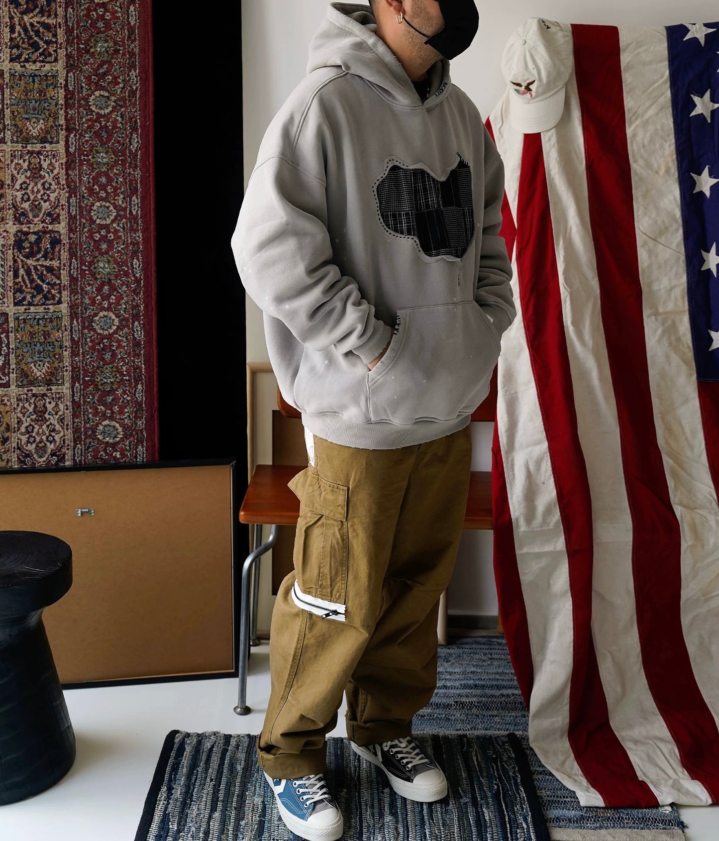 Grey Sashiko Map Patchwork Hoodie