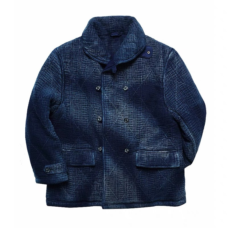 Dark Indigo Dye Sashiko Double-Breasted Coat