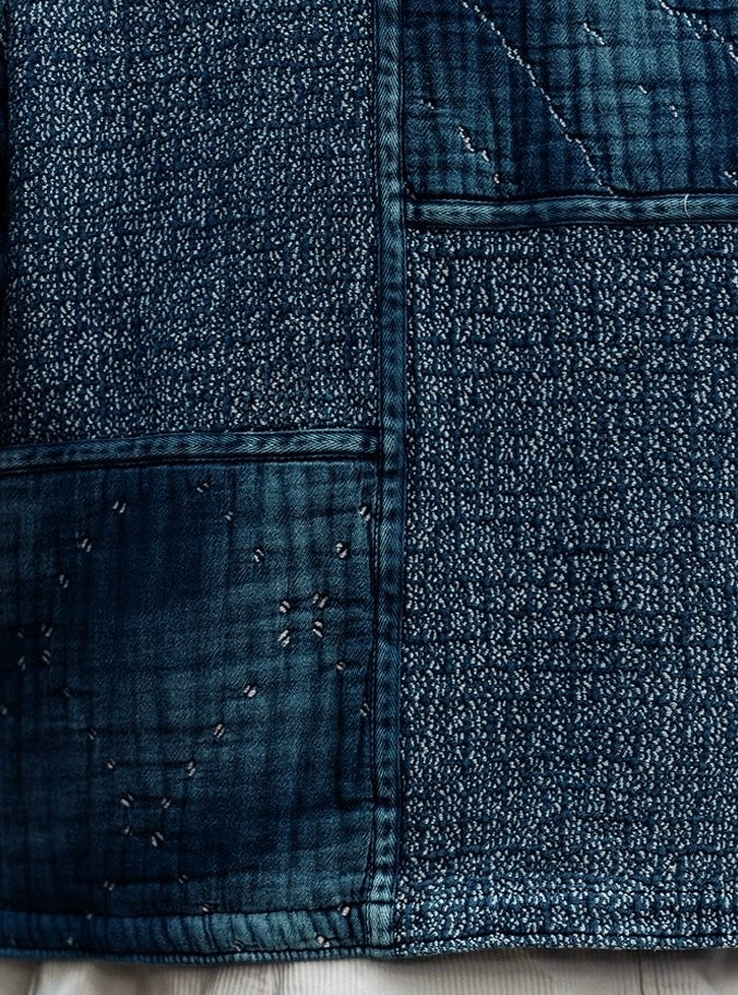 Indigo Dye Sashiko Cherry Blossom Collarless Jacket