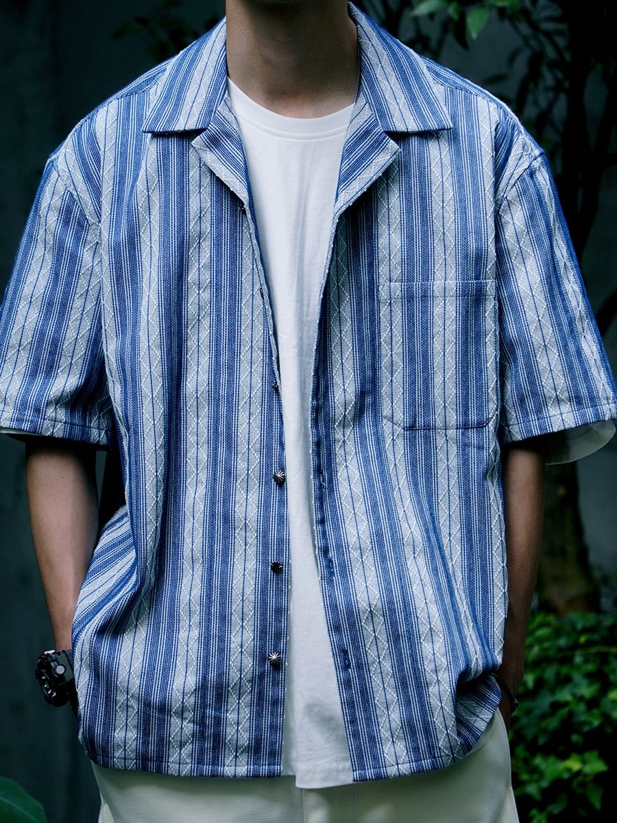 Indigo Dye Sashiko Striped Aloha Shirt