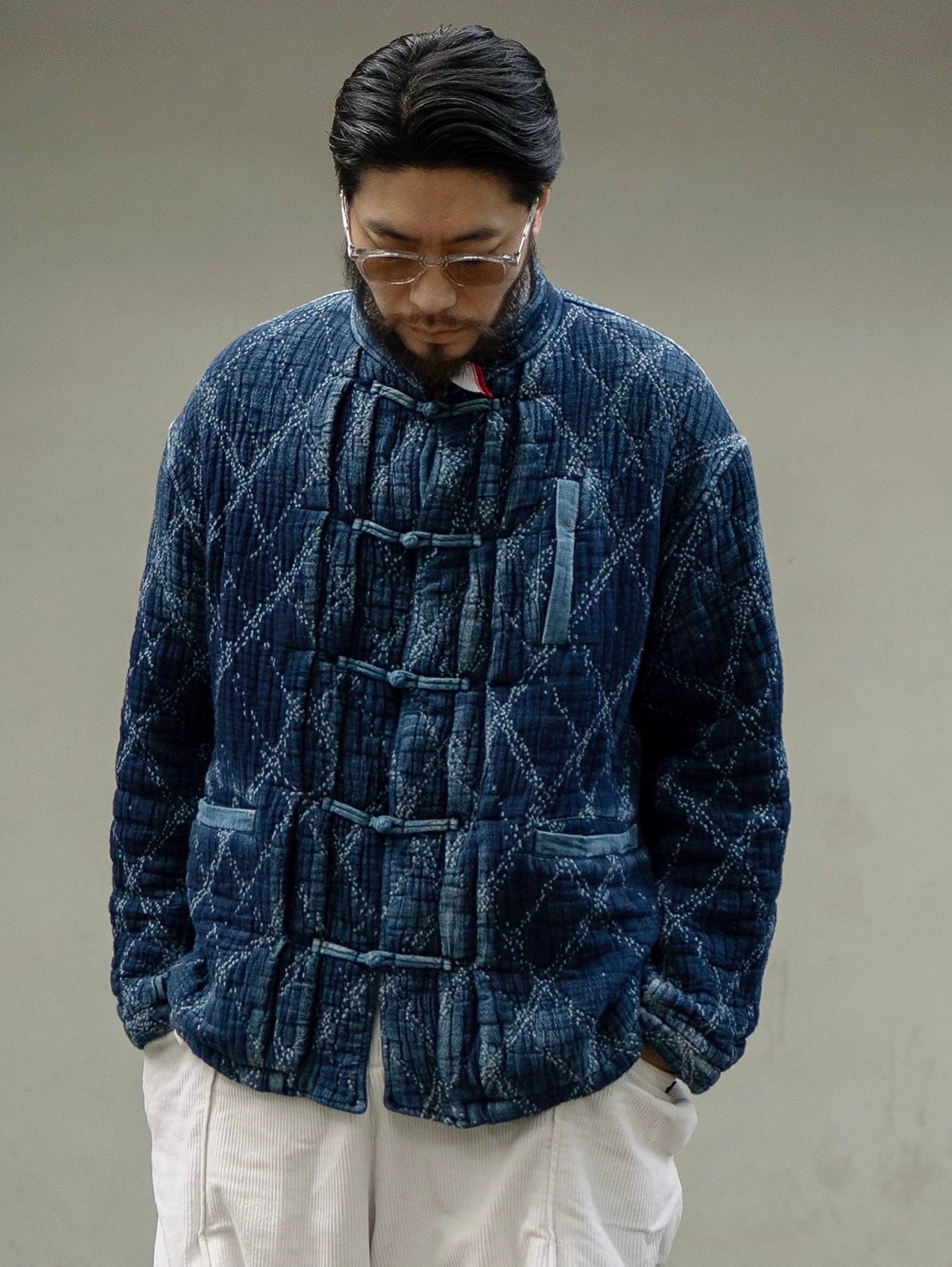 Indigo Dye Heavyweight Checked Sashiko Chinese Coat