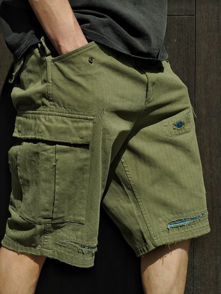 Military Green Distressed M51 Shorts