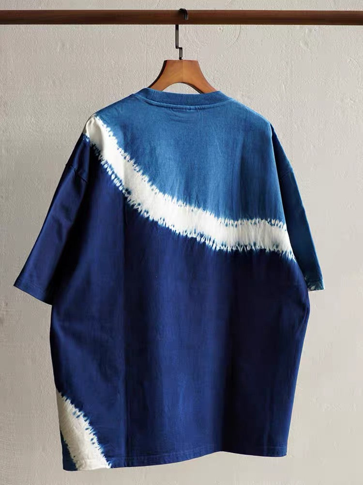 Indigo Shibori Wave Diagonal Tie Dye Tee