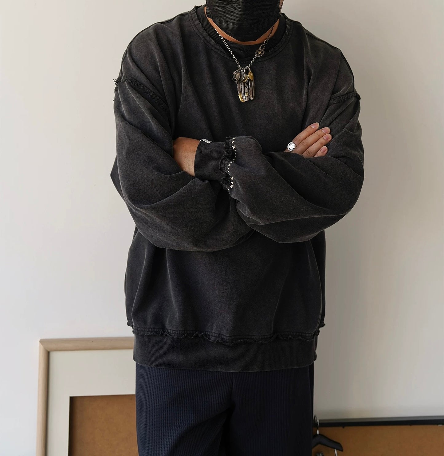 Black Sashiko Distressed Sweatshirt