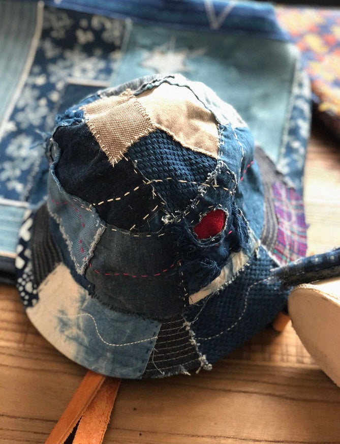 Indigo Dye Sashiko Patchwork Bucket Hat