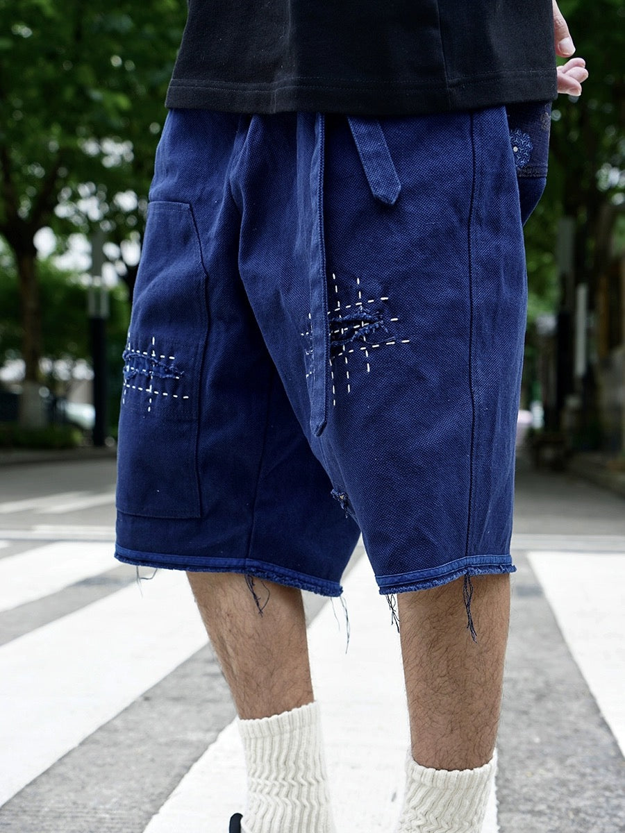 Indigo Dye Patchwork Sashiko Shorts