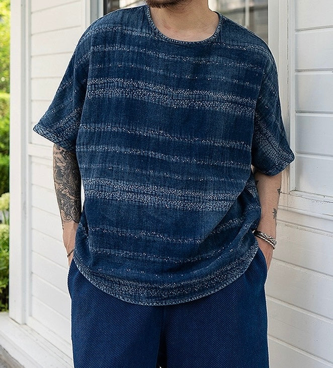 Indigo Dye Sashiko Striped T-Shirt