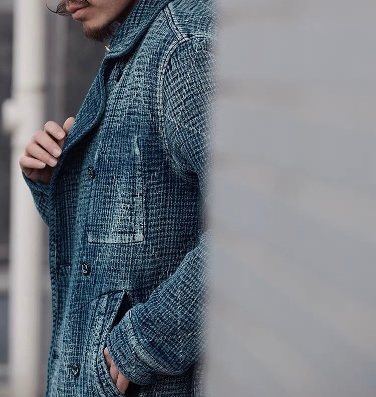 Indigo Dye Sashiko Double-Breasted Coat