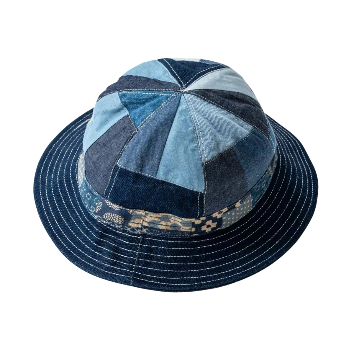 Indigo Dye Boro Patchwork Bucket Hat