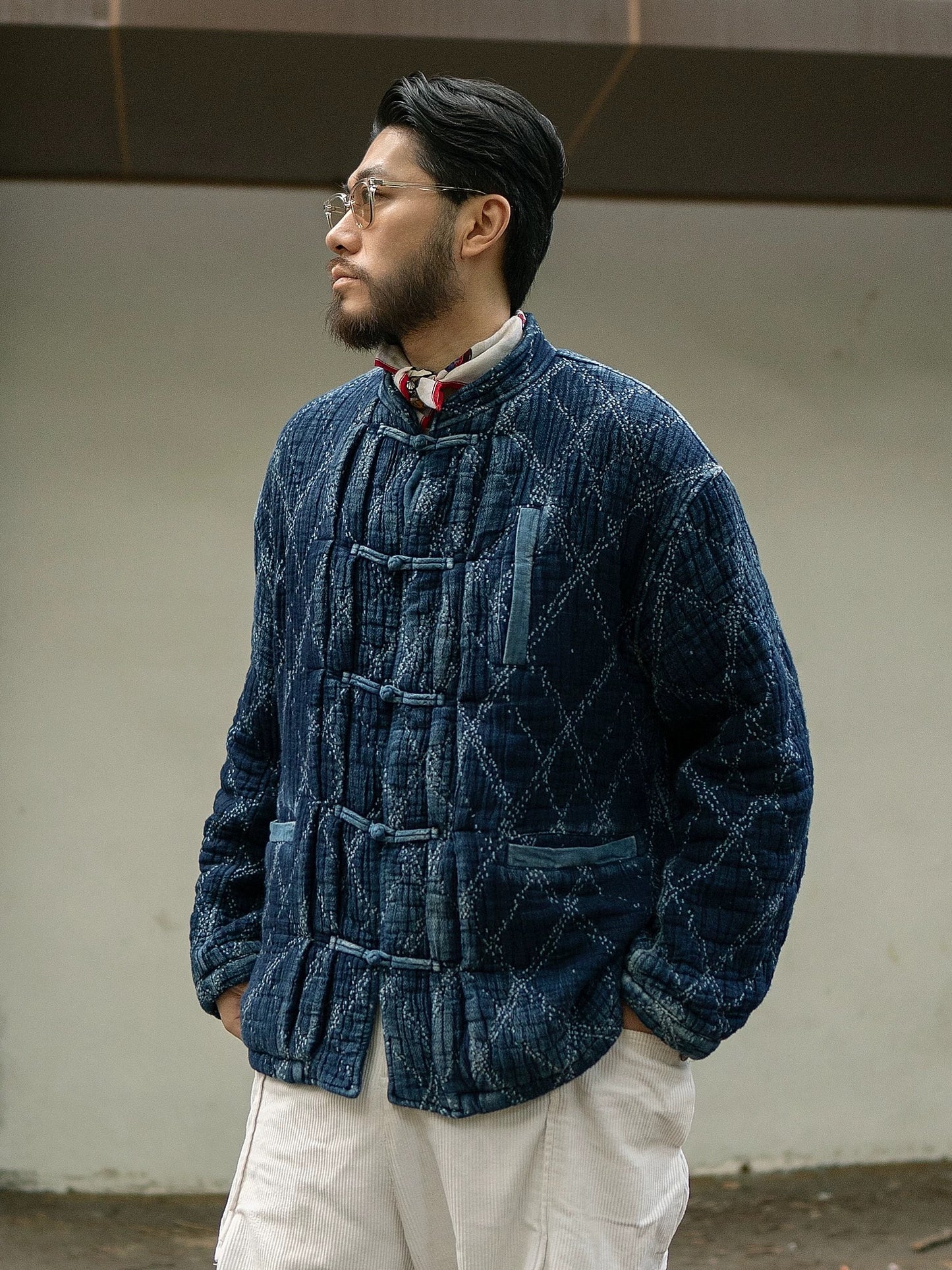 Indigo Dye Heavyweight Checked Sashiko Chinese Coat