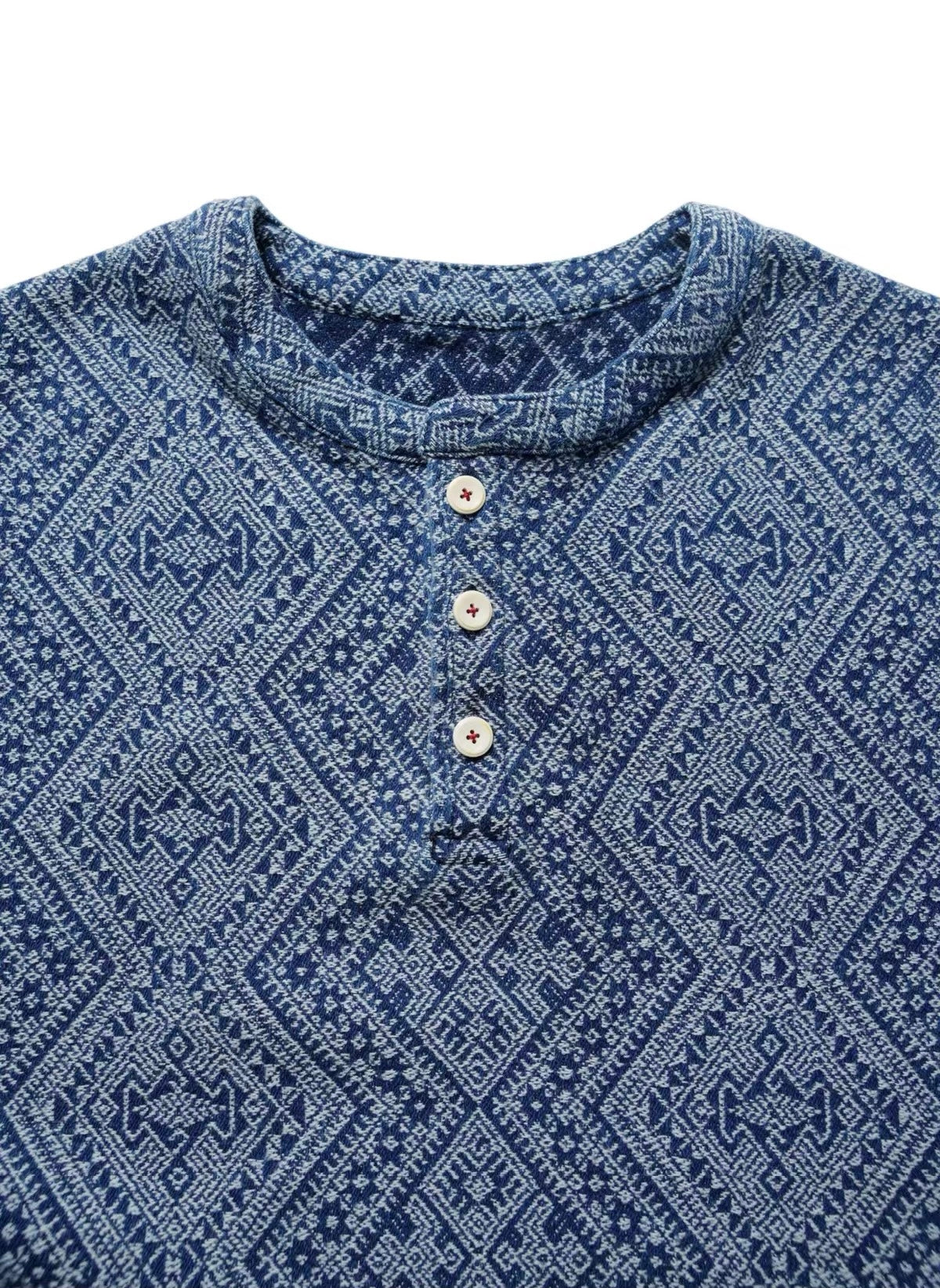 Indigo Dye Geometric Jacquard Henley Tee