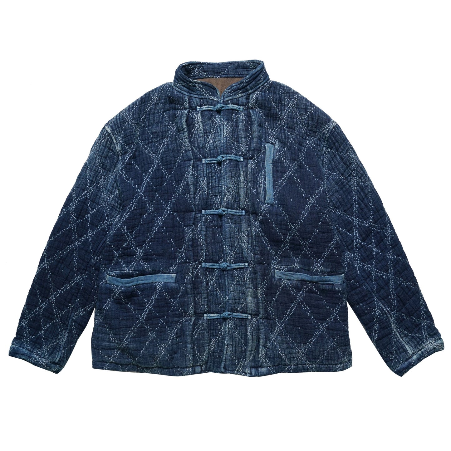 Indigo Dye Heavyweight Checked Sashiko Chinese Coat