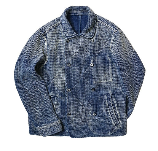 Indigo Dye Sashiko Double-Breasted Coat