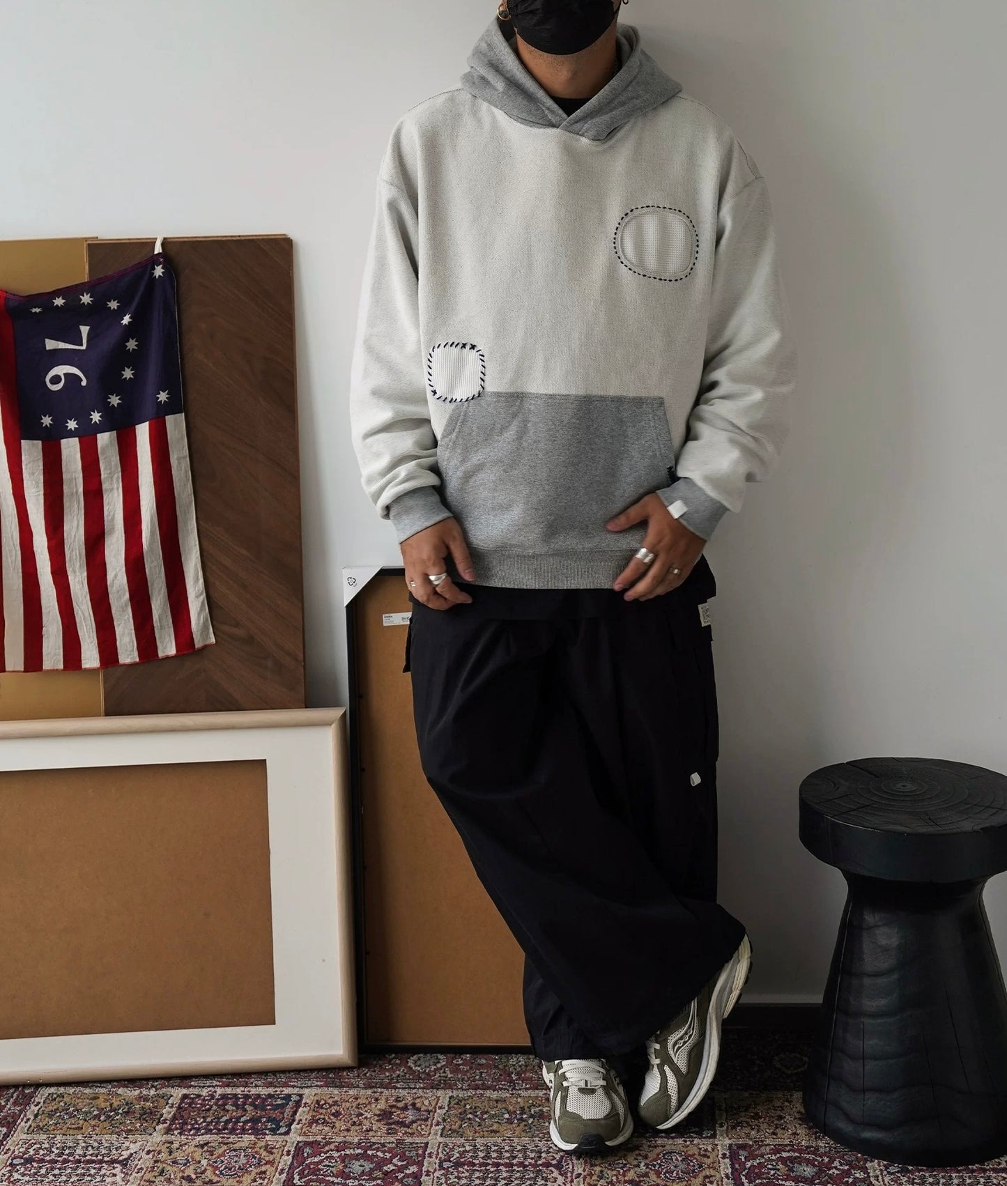 Grey Sashiko Patchwork Hoodie