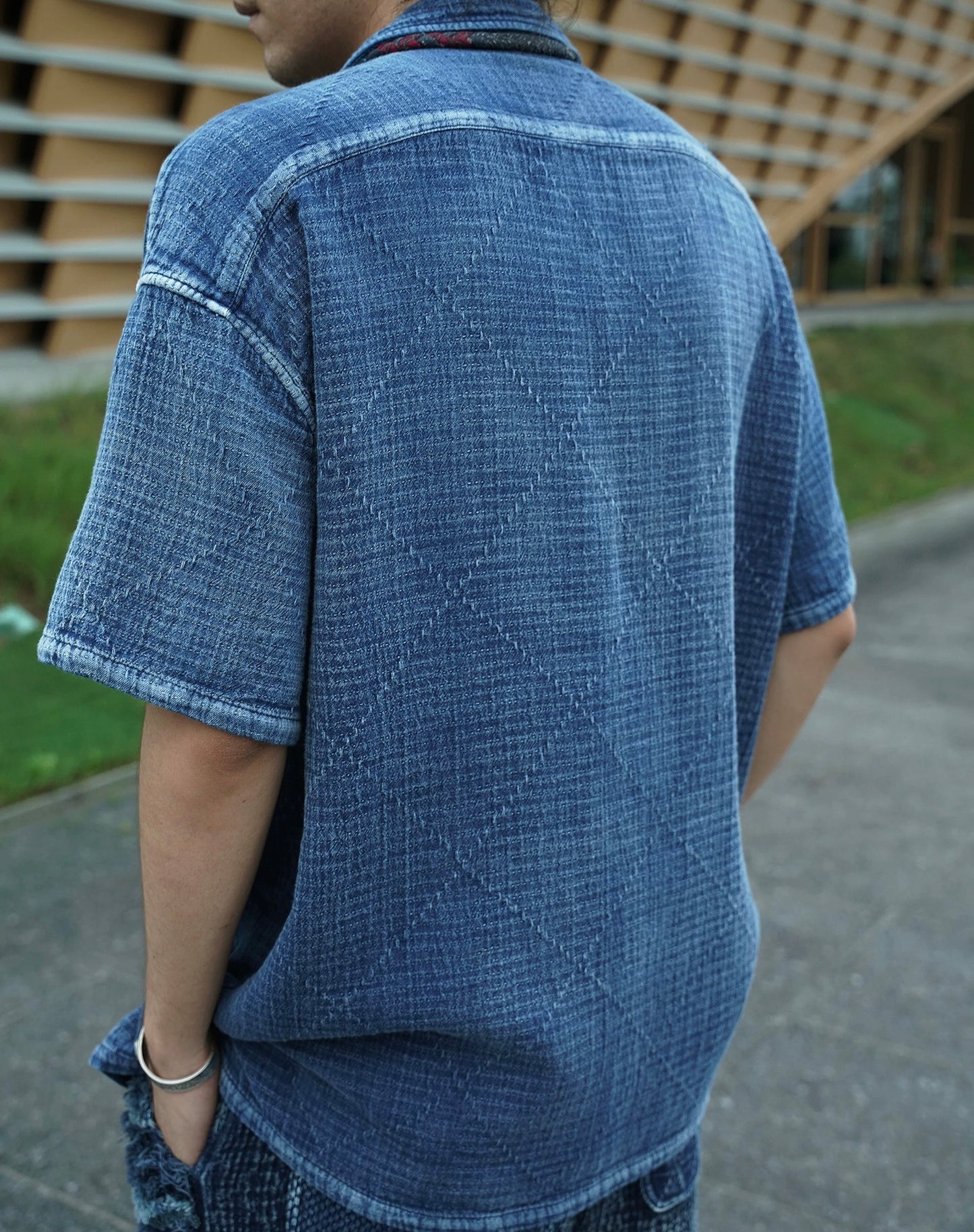 Indigo Dye Sashiko Retro Aloha Shirt