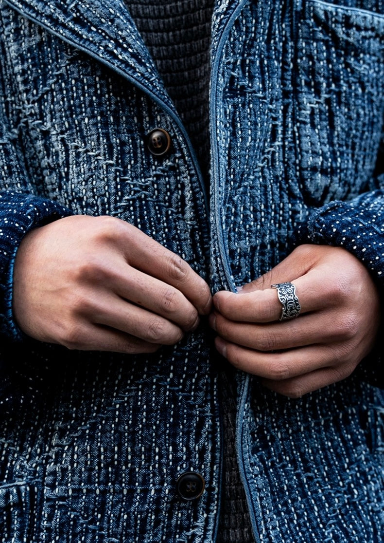 Indigo Dye Sashiko Blazer Casual Jacket - Mid Blue