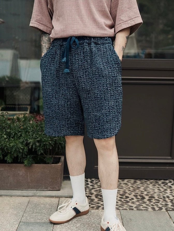 Indigo Dye Sashiko Sakura E-Waist Shorts