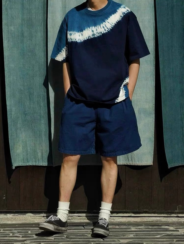 Indigo Shibori Wave Diagonal Tie Dye Tee