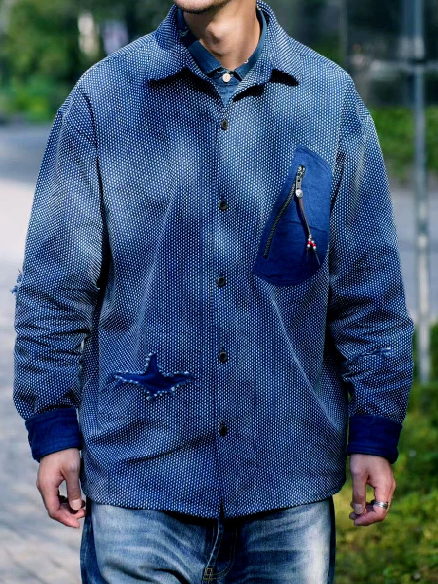 Indigo Dye Distressed Sashiko Worker Shirt