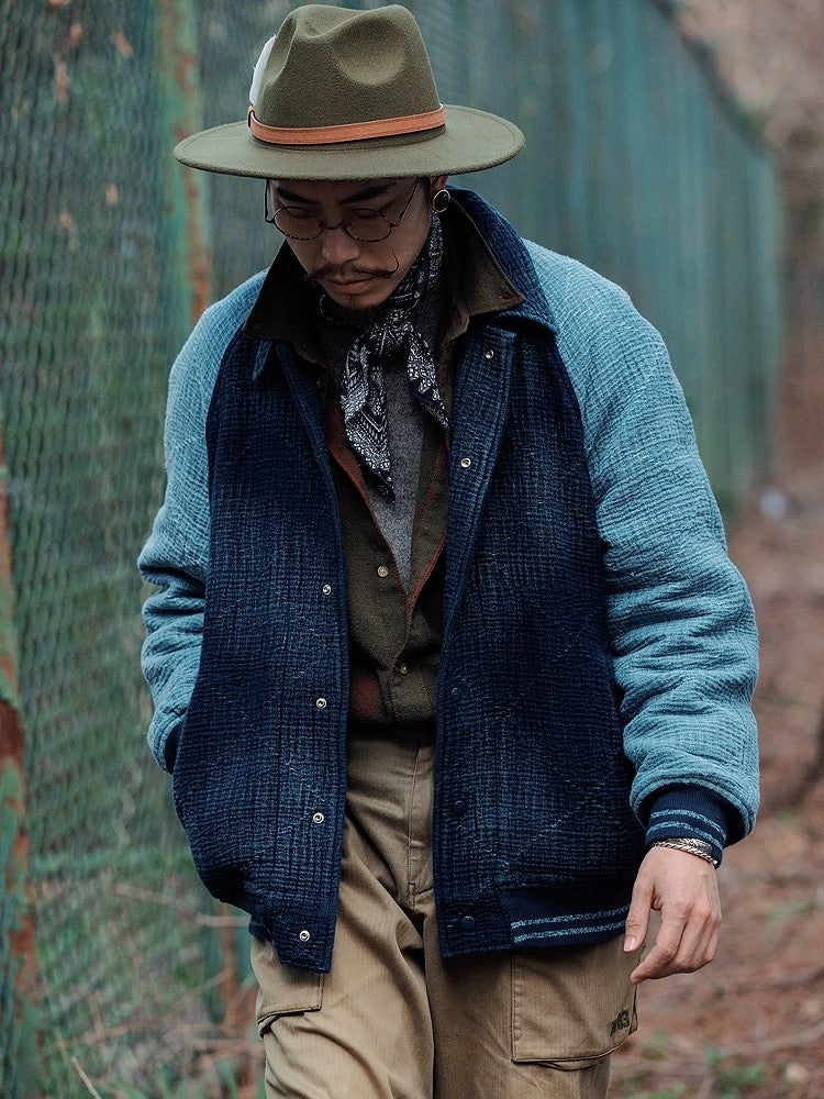 Indigo Dye Sashiko Two Tone Baseball Jacket