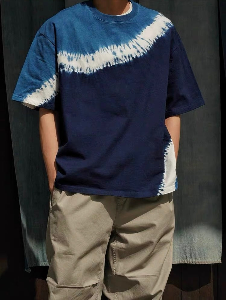 Indigo Shibori Wave Diagonal Tie Dye Tee