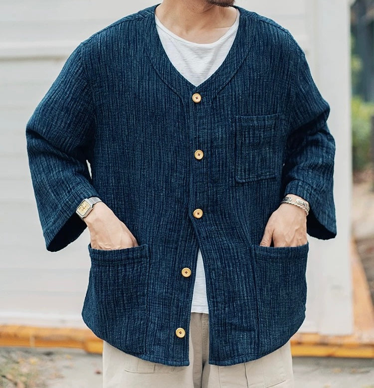 Indigo Dye Sashiko Reversible Baseball Shirt