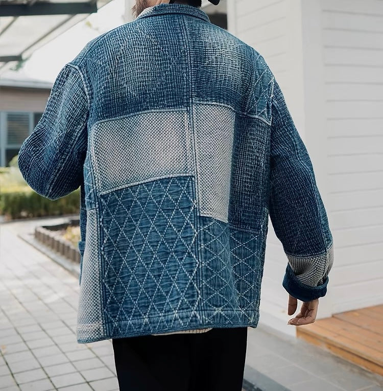 Indigo Dye Patchwork Sashiko Kendo Coat - Light Blue