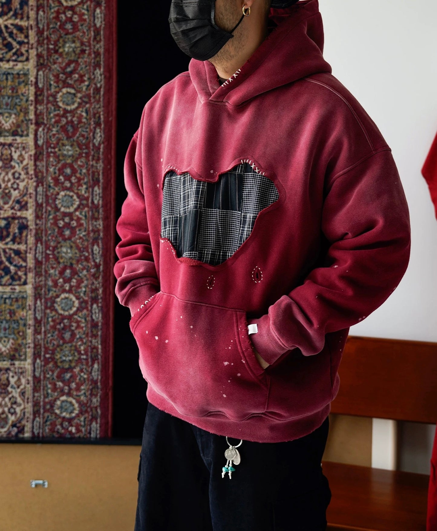 Red Sashiko Map Patchwork Hoodie