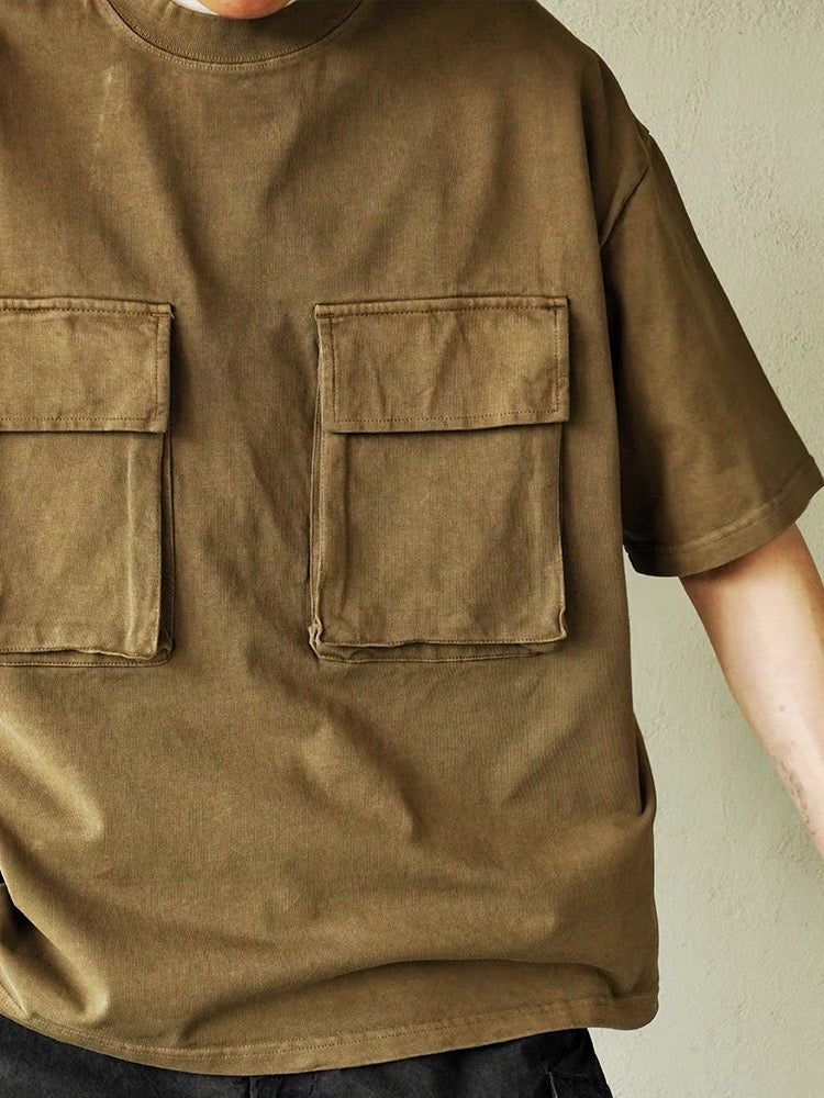 Walnut Shells Extract Dye Double Pockets T-Shirt