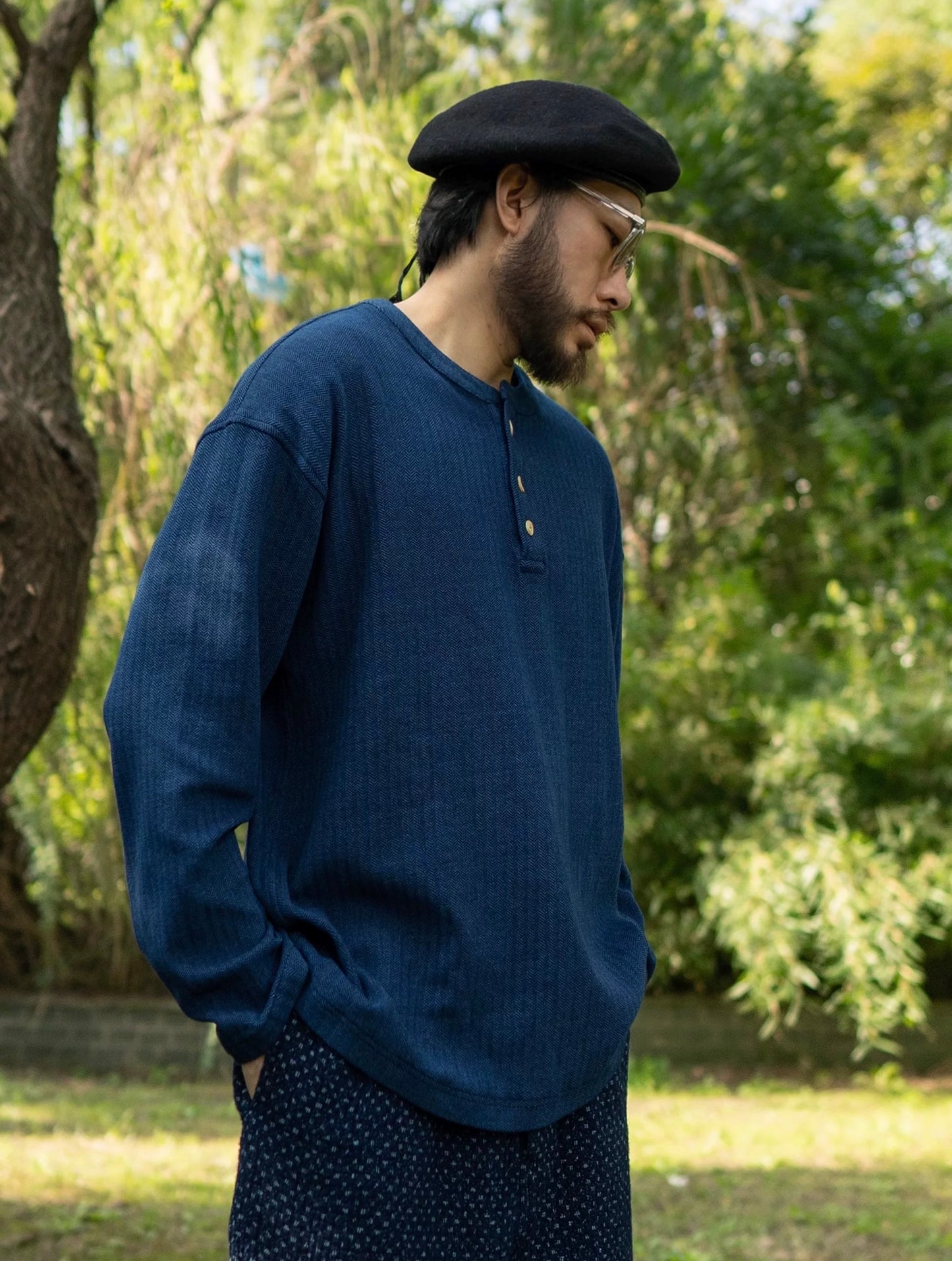 Indigo Dye Knit Henley Long Sleeve T-Shirt