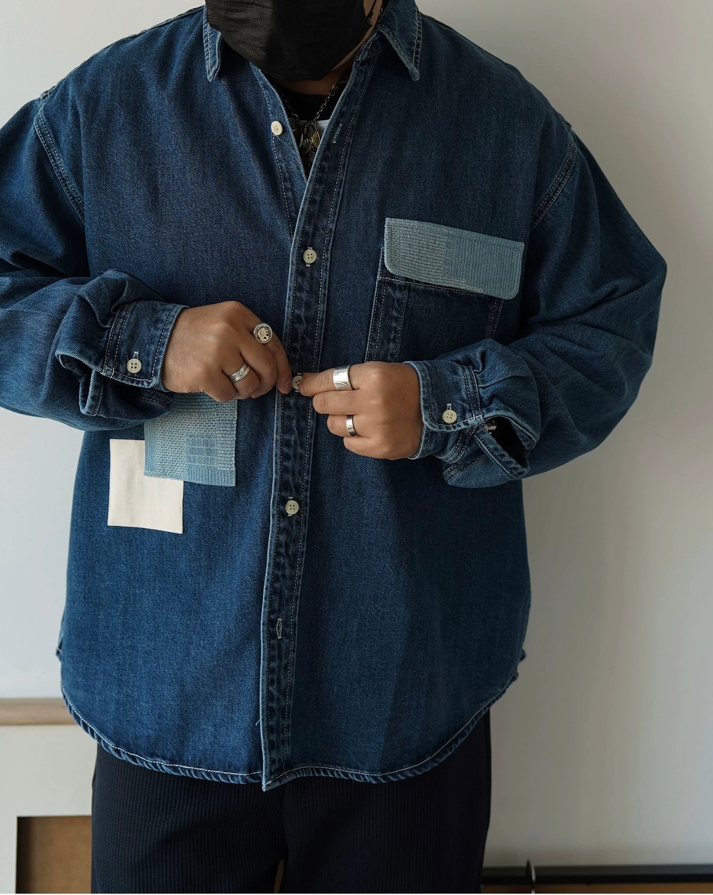 Dark Blue Patchwork Denim Shirt