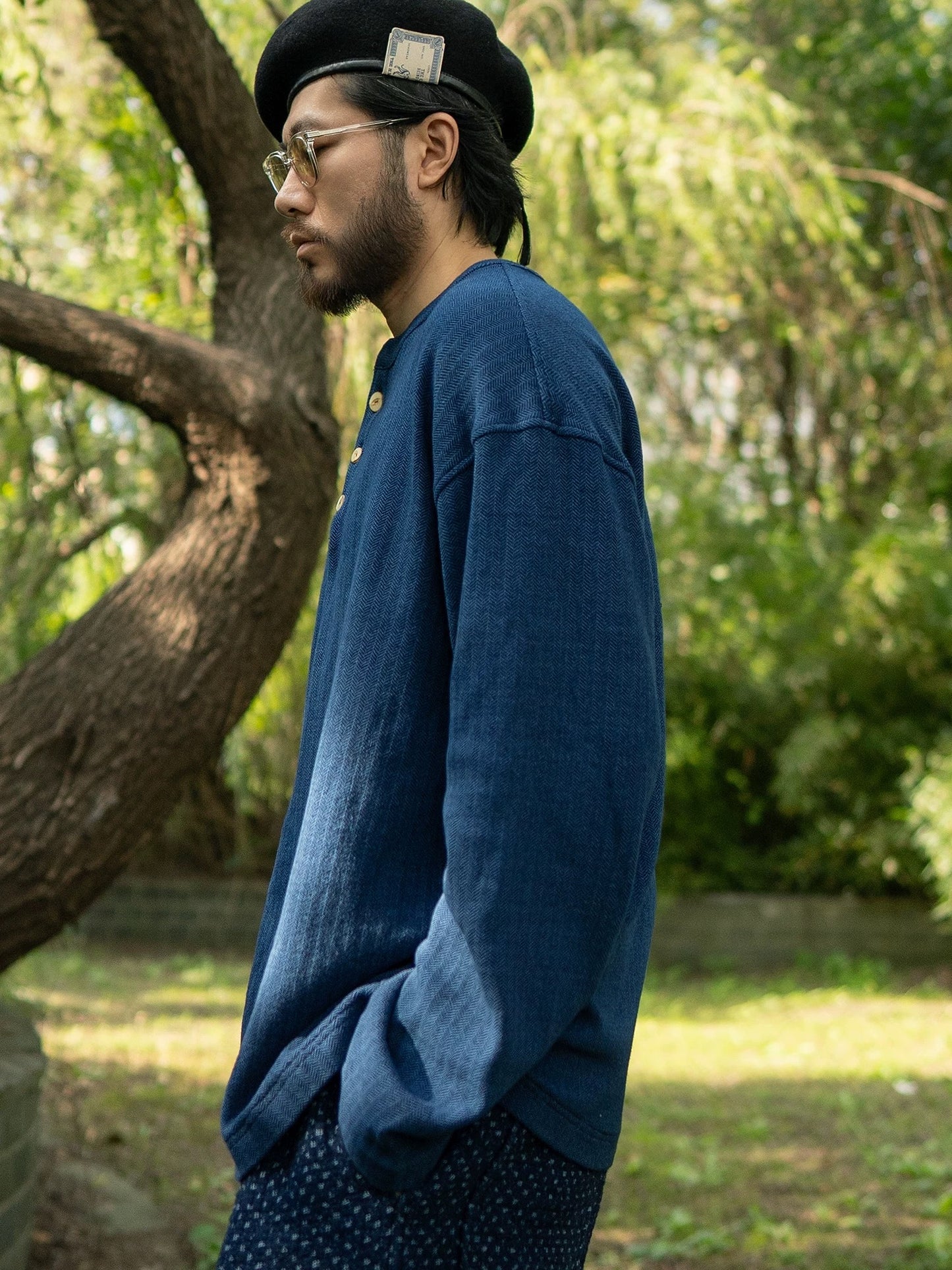 Indigo Dye Knit Henley Long Sleeve T-Shirt