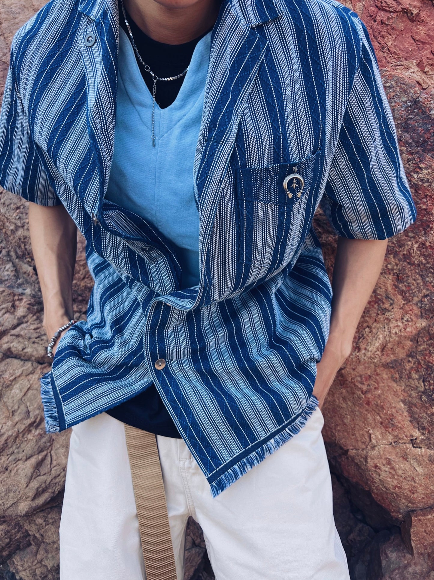 Indigo Dye Sashiko Striped Aloha Shirt