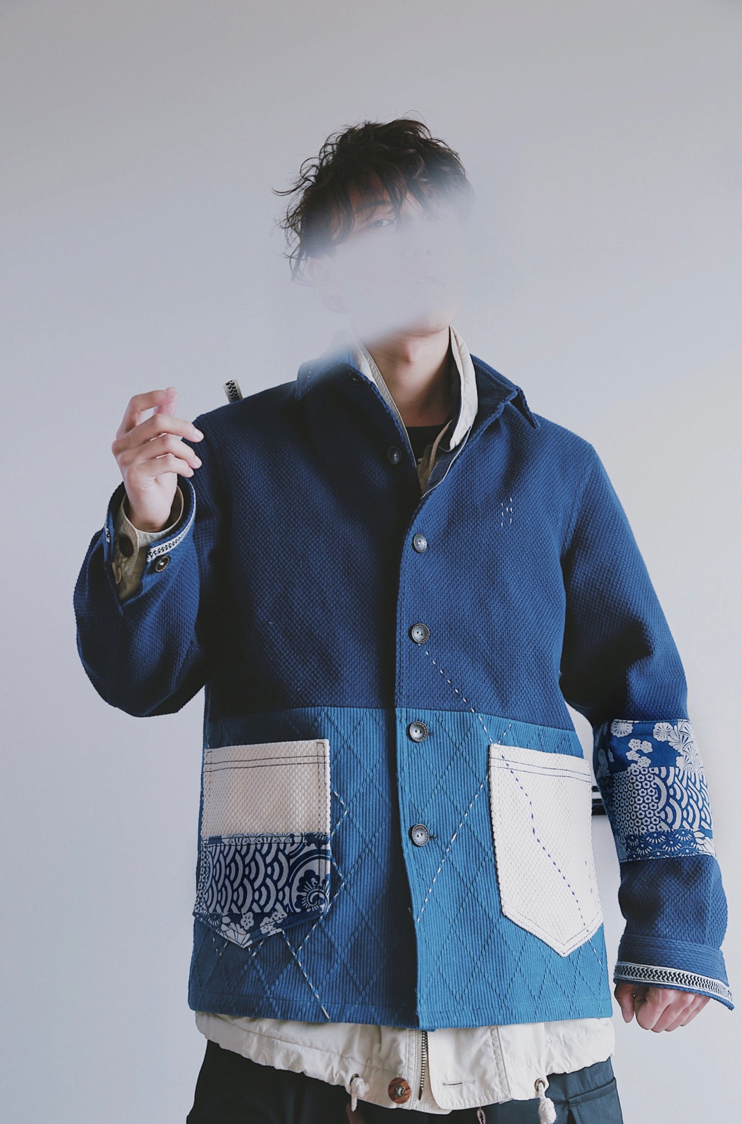 Indigo Dye Two Tone Sashiko Worker Jacket