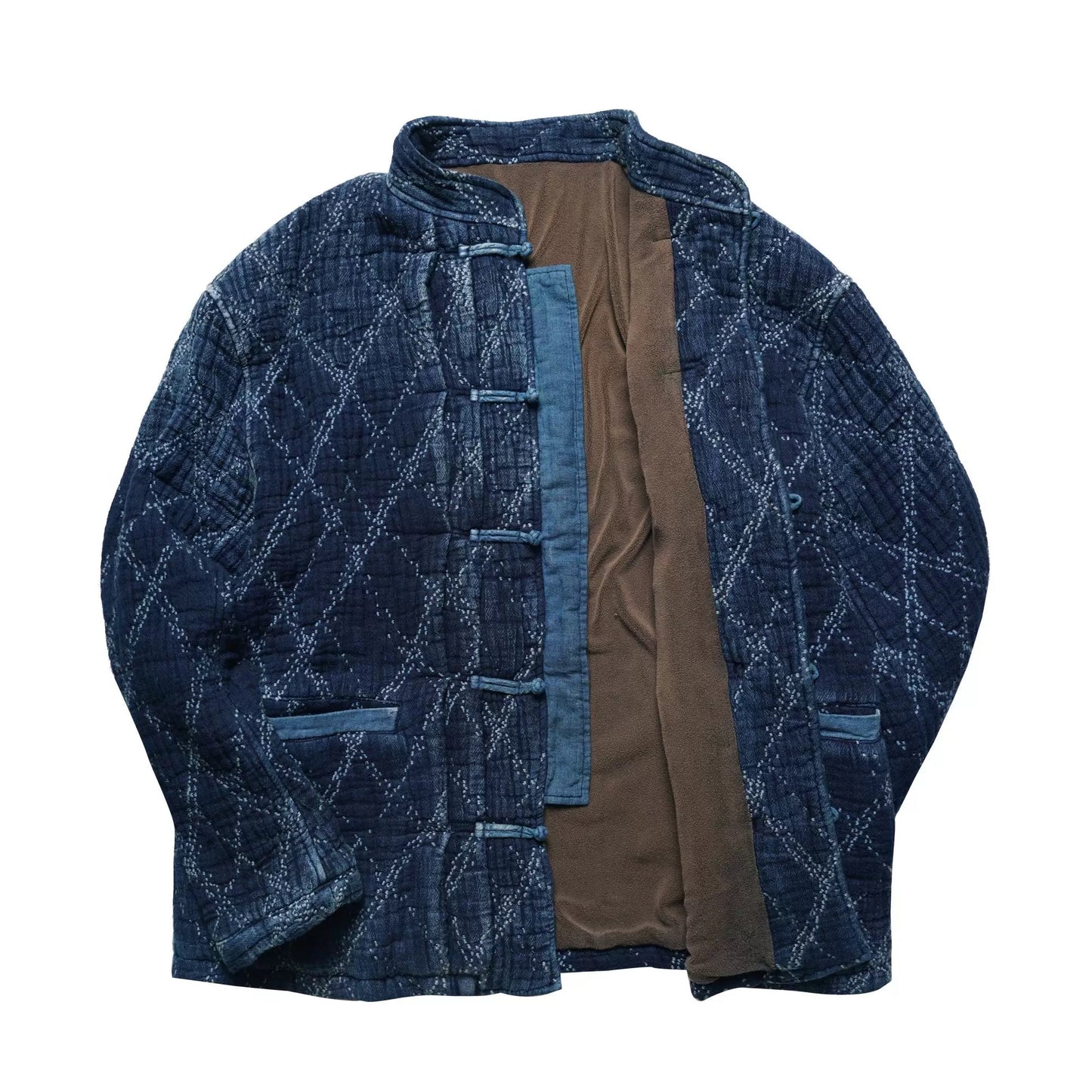 Indigo Dye Heavyweight Checked Sashiko Chinese Coat