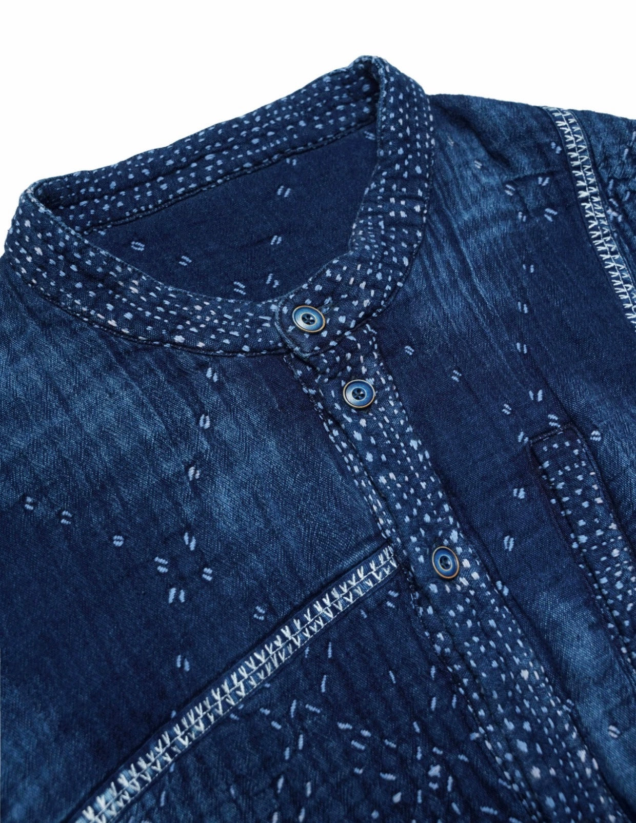 Indigo Dye Patchwork Sashiko Heavyweight Collarless Coat