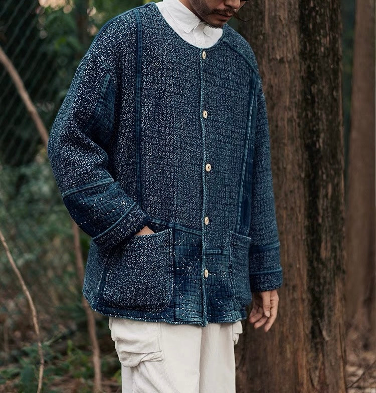 Indigo Dye Sashiko Cherry Blossom Collarless Jacket