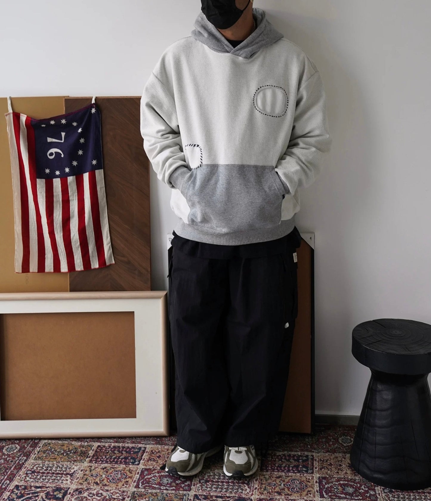 Grey Sashiko Patchwork Hoodie